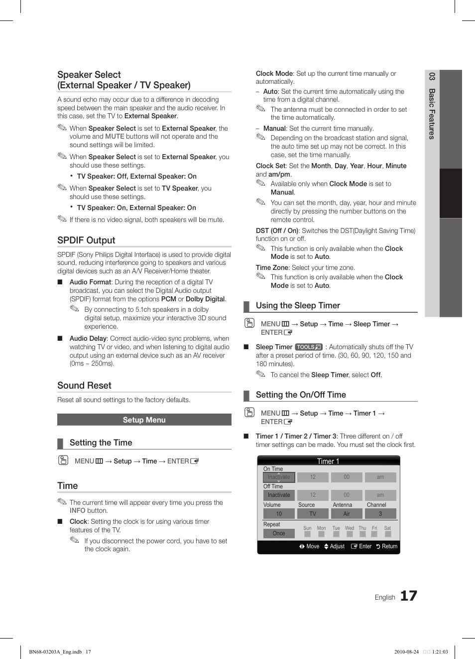 Speaker select (external speaker / tv speaker), Spdif output, Sound reset | Time | Samsung LN22C500B2FXZA User Manual | Page 17 / 105