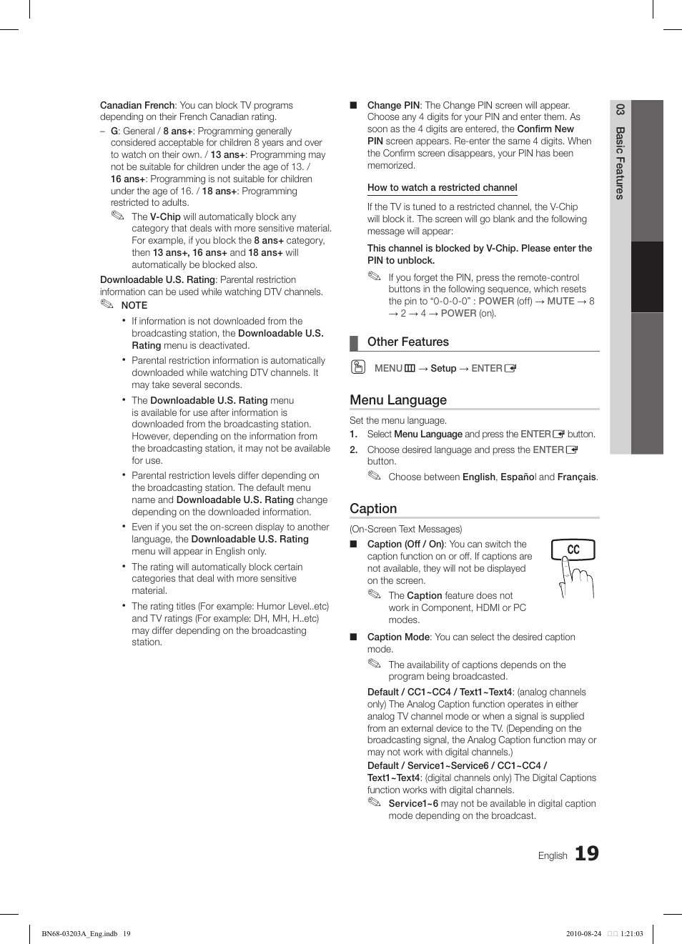 Menu language, Caption | Samsung LN22C500B2FXZA User Manual | Page 19 / 105