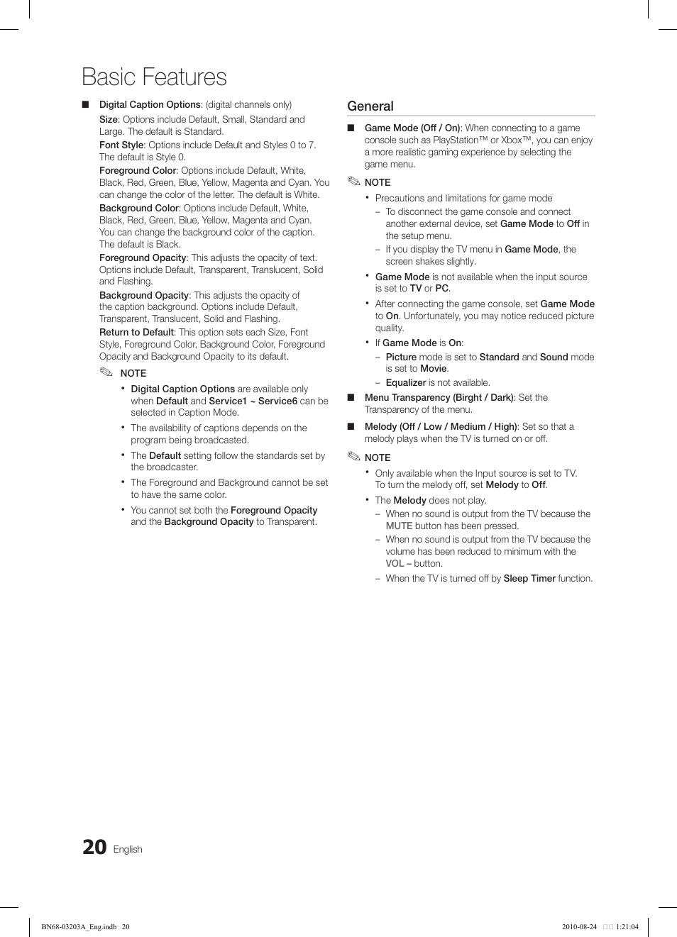 Basic features, General | Samsung LN22C500B2FXZA User Manual | Page 20 / 105