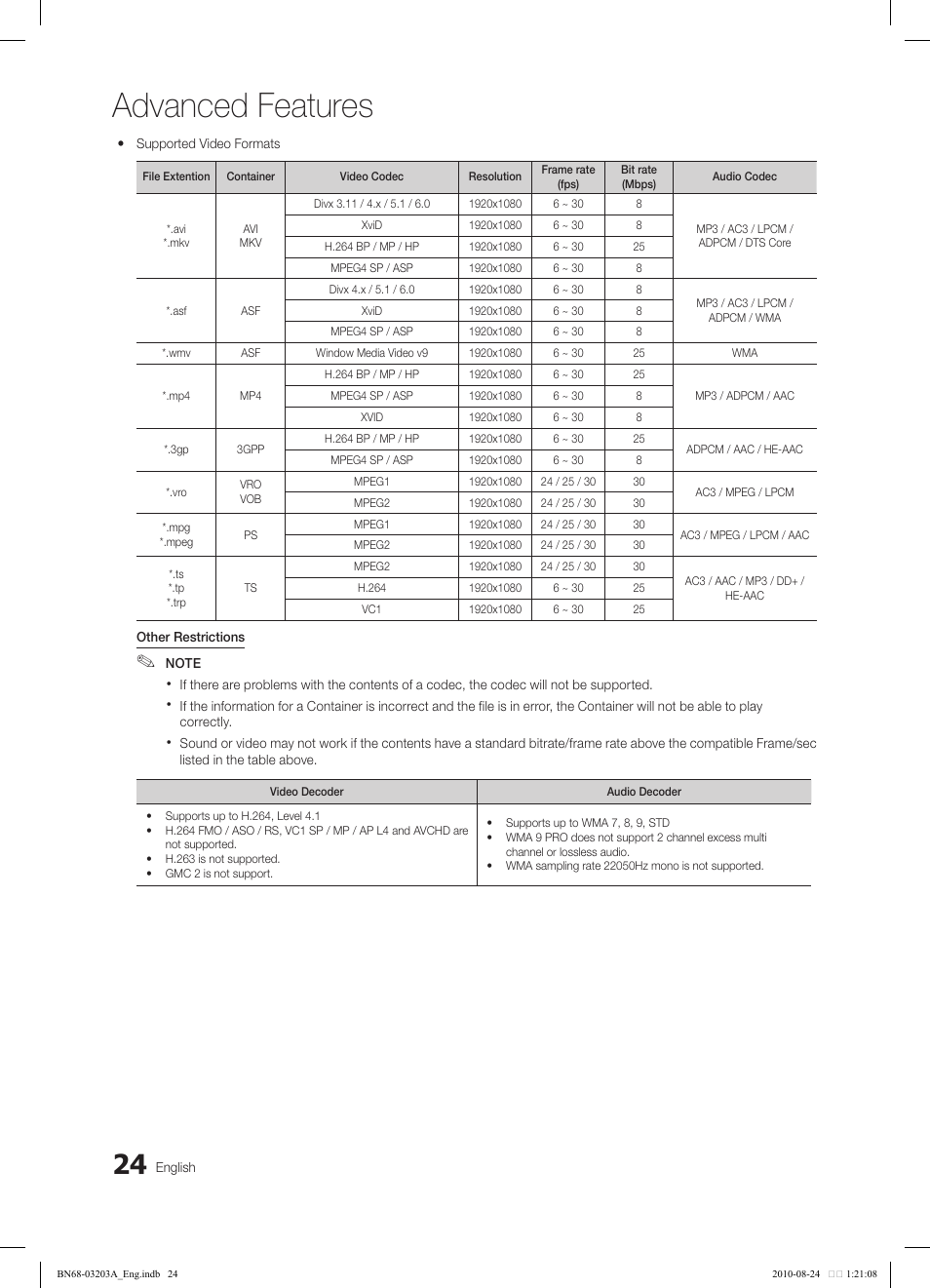Advanced features | Samsung LN22C500B2FXZA User Manual | Page 24 / 105