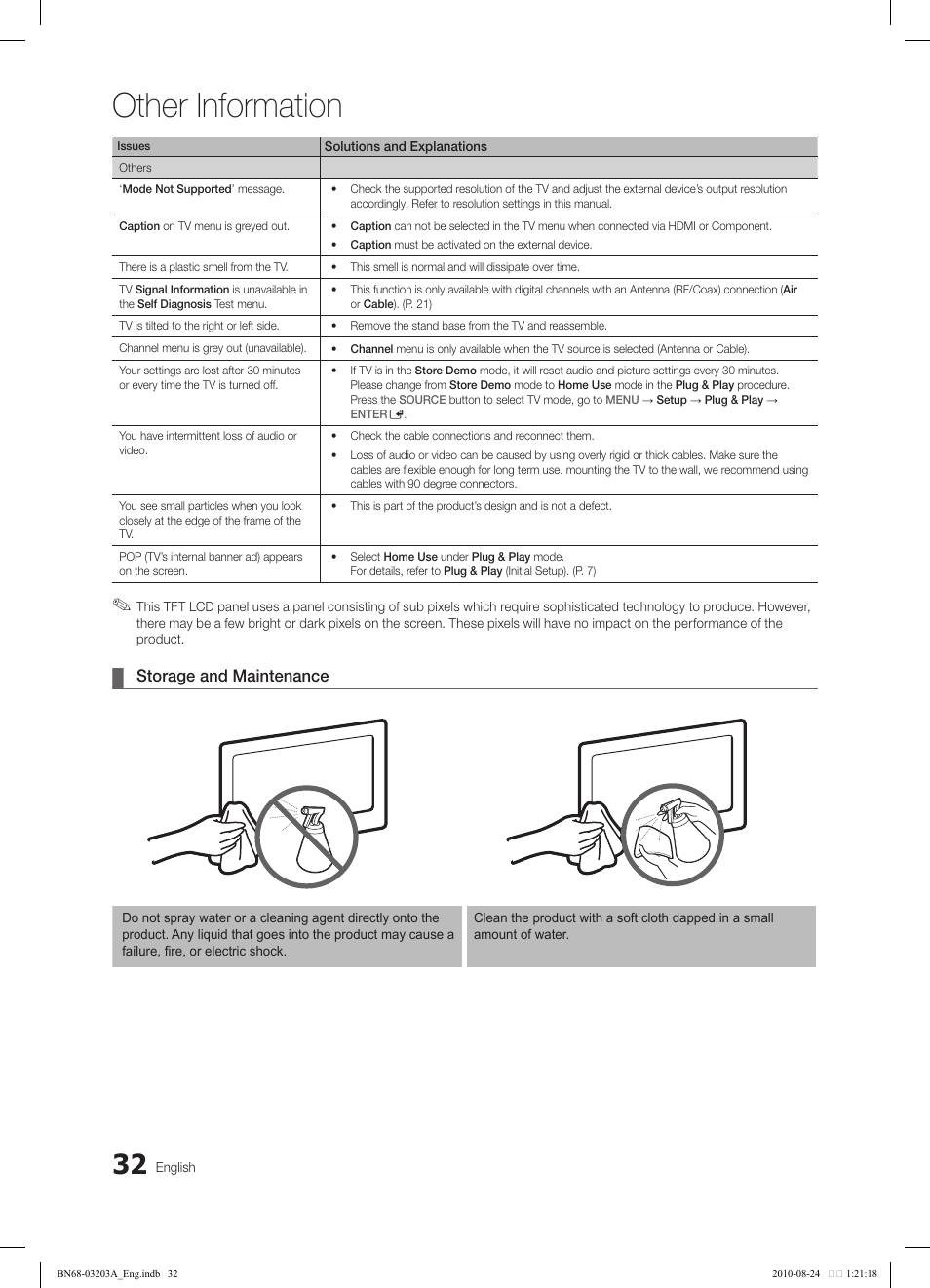 Other information, Storage and maintenance | Samsung LN22C500B2FXZA User Manual | Page 32 / 105