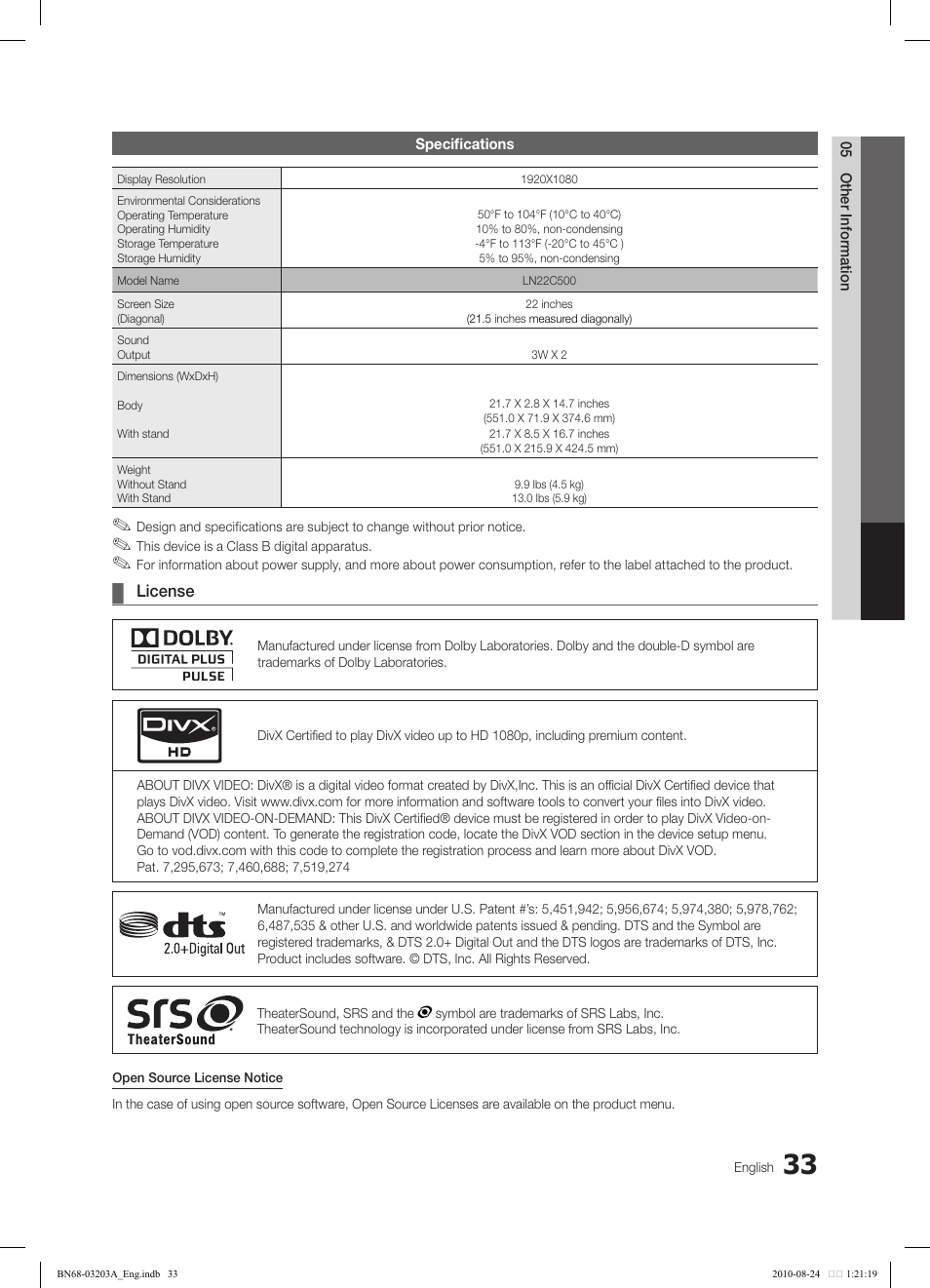 Samsung LN22C500B2FXZA User Manual | Page 33 / 105