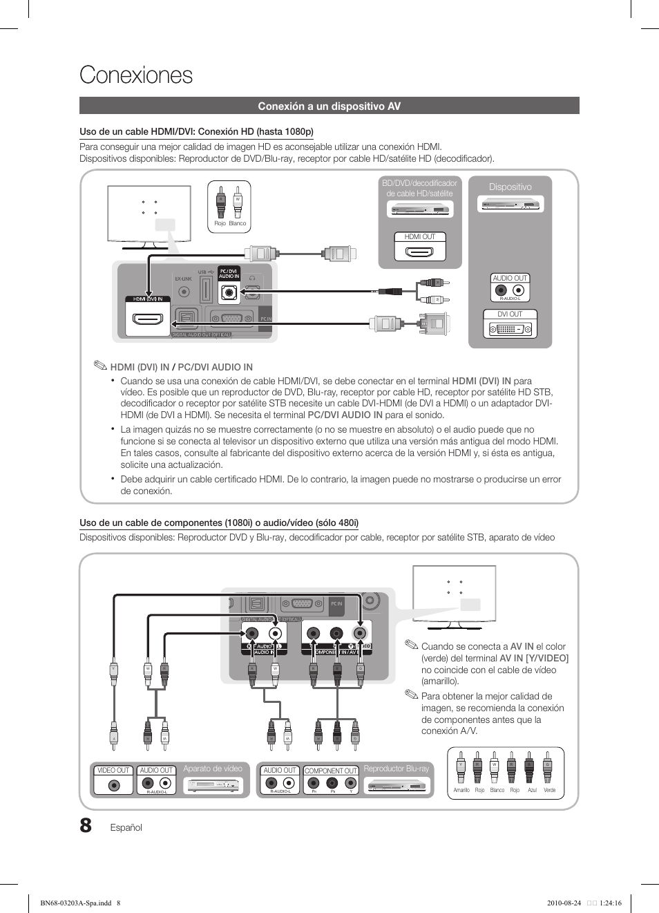 Conexiones, Conexión a un dispositivo av, Español | Dispositivo, Cuando se conecta a | Samsung LN22C500B2FXZA User Manual | Page 42 / 105