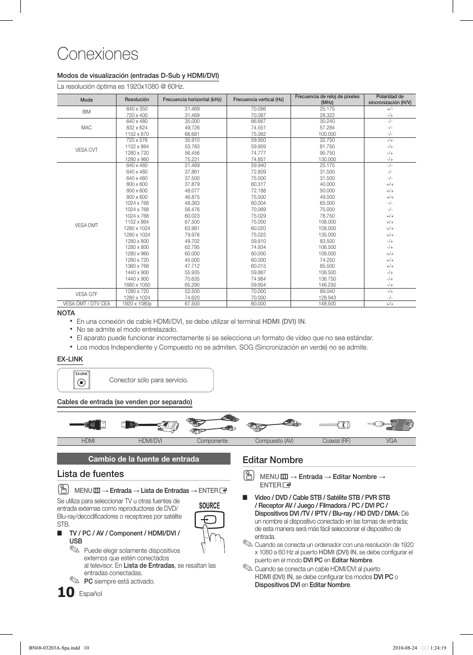 Conexiones, Lista de fuentes, Editar nombre | Media.p, P.mode s.mode sleep | Samsung LN22C500B2FXZA User Manual | Page 44 / 105