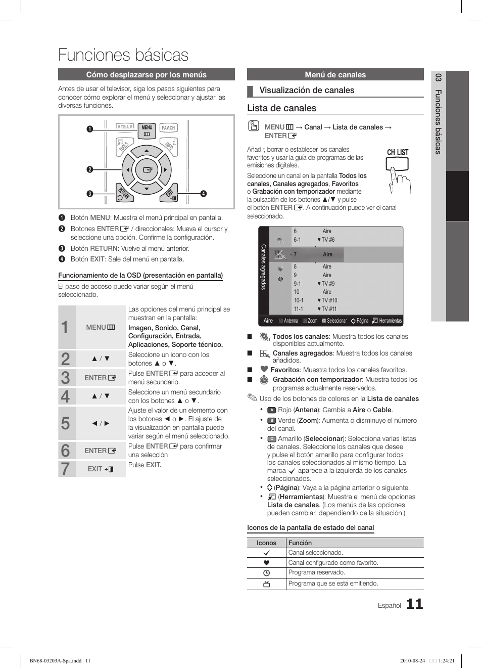 Funciones básicas, Lista de canales | Samsung LN22C500B2FXZA User Manual | Page 45 / 105
