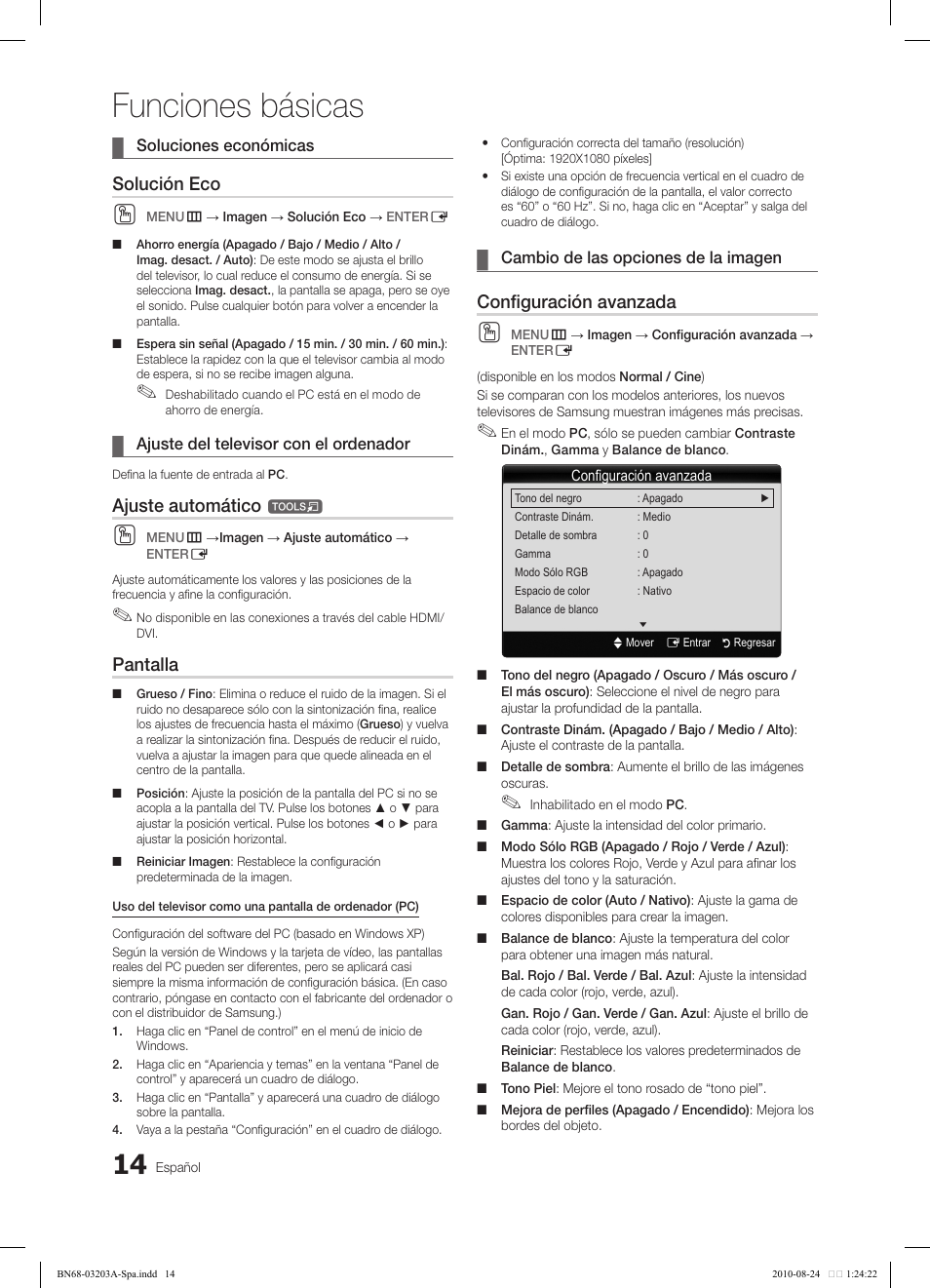 Funciones básicas, Solución eco, Ajuste automático | Pantalla, Configuración avanzada | Samsung LN22C500B2FXZA User Manual | Page 48 / 105