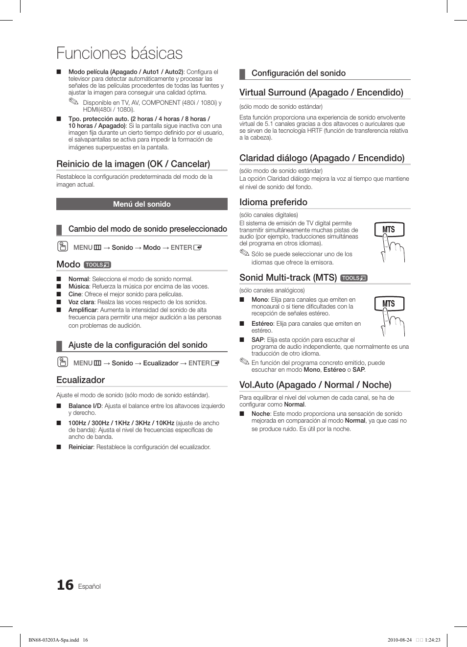 Funciones básicas, Reinicio de la imagen (ok / cancelar), Modo | Ecualizador, Virtual surround (apagado / encendido), Claridad diálogo (apagado / encendido), Idioma preferido, Sonid multi-track (mts), Vol.auto (apagado / normal / noche) | Samsung LN22C500B2FXZA User Manual | Page 50 / 105