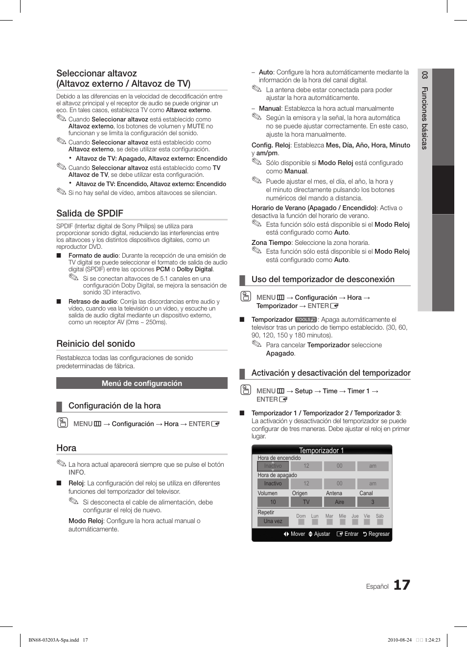 Salida de spdif, Reinicio del sonido, Hora | Samsung LN22C500B2FXZA User Manual | Page 51 / 105