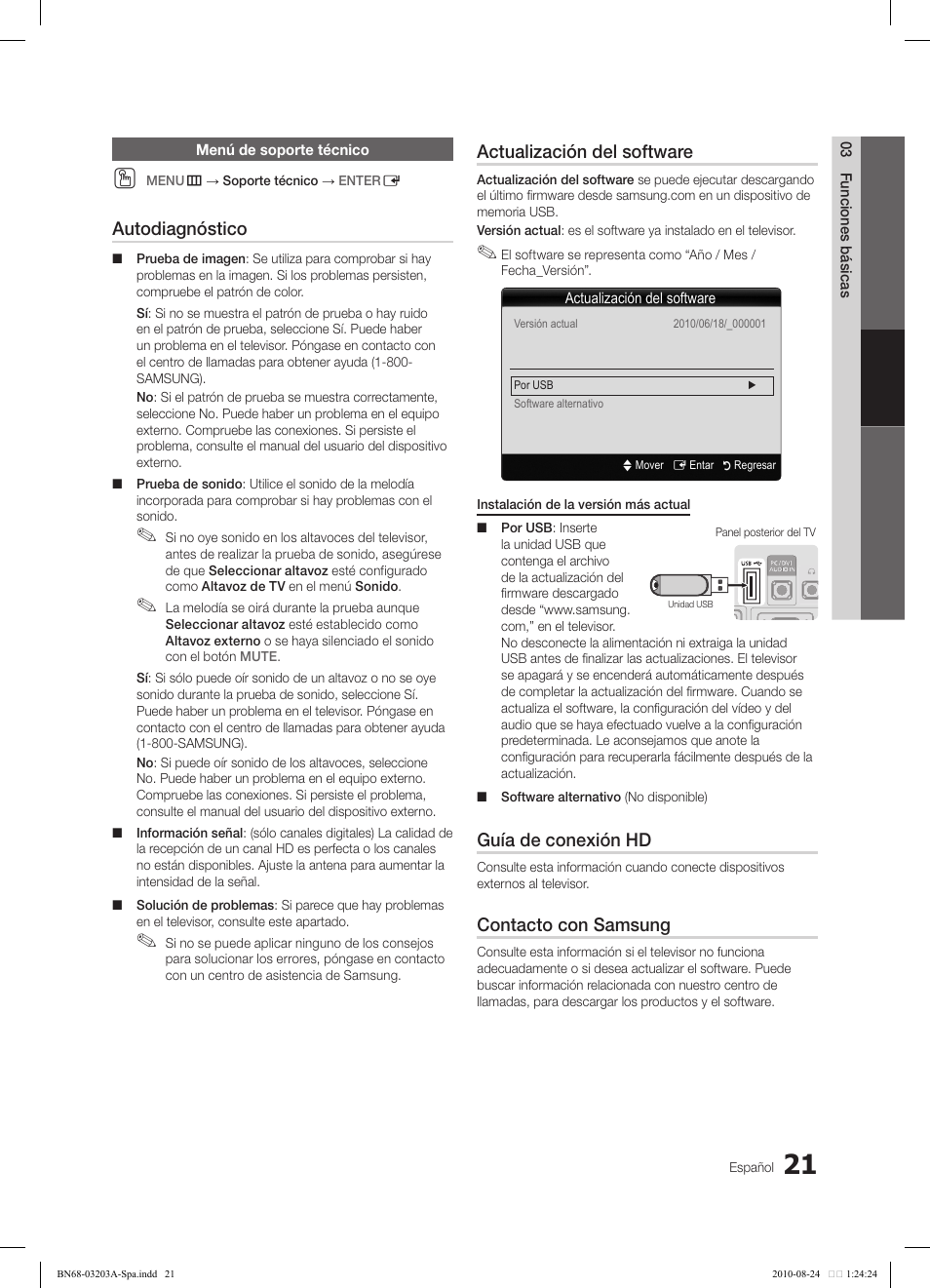 Autodiagnóstico, Actualización del software, Guía de conexión hd | Contacto con samsung | Samsung LN22C500B2FXZA User Manual | Page 55 / 105
