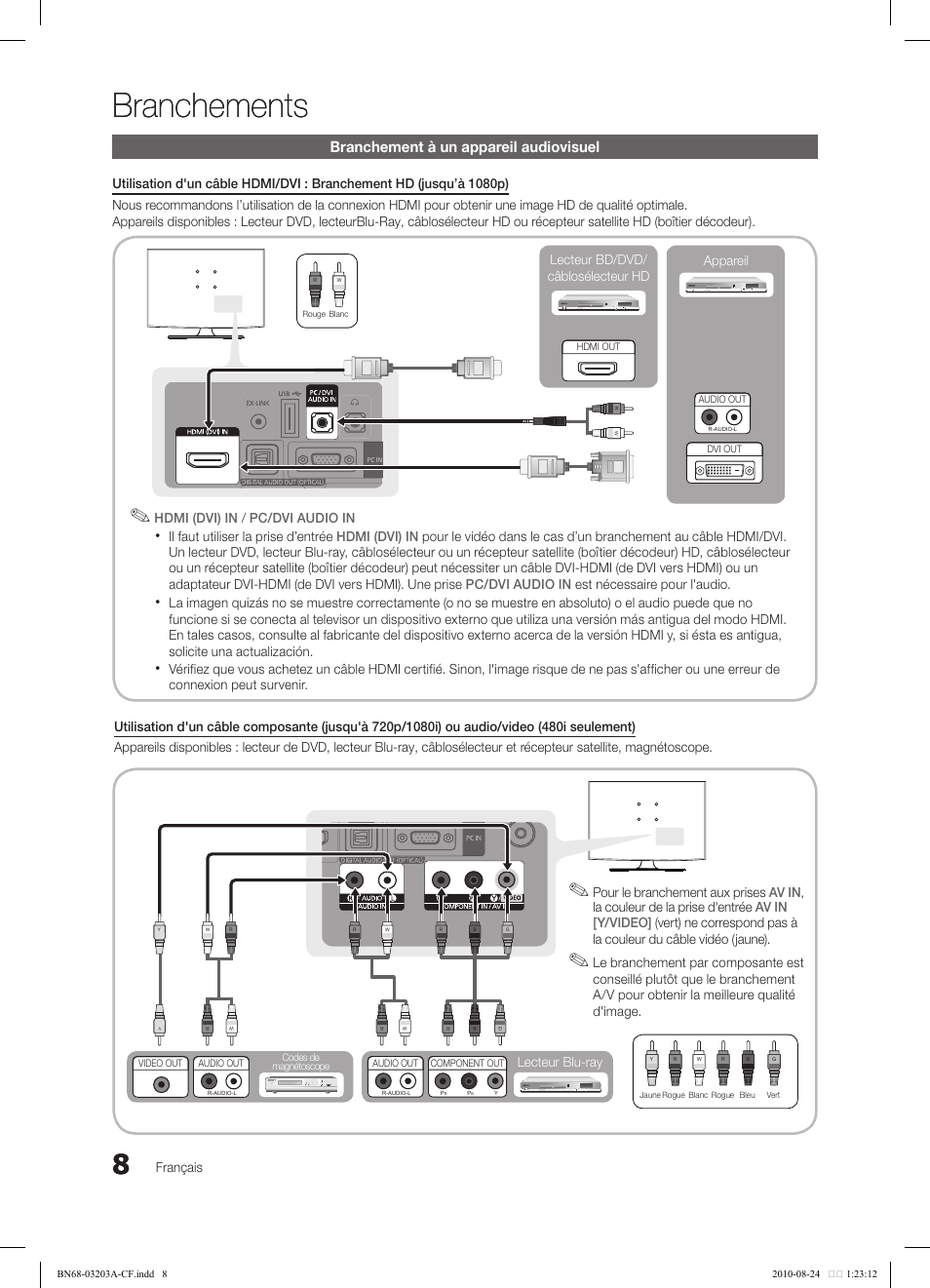 Branchements, Branchement à un appareil audiovisuel, Français | Pc/dvi audio in il faut utiliser la prise d’entrée, Connexion peut survenir. appareil, Lecteur bd/dvd/ câblosélecteur hd, Lecteur blu-ray | Samsung LN22C500B2FXZA User Manual | Page 78 / 105