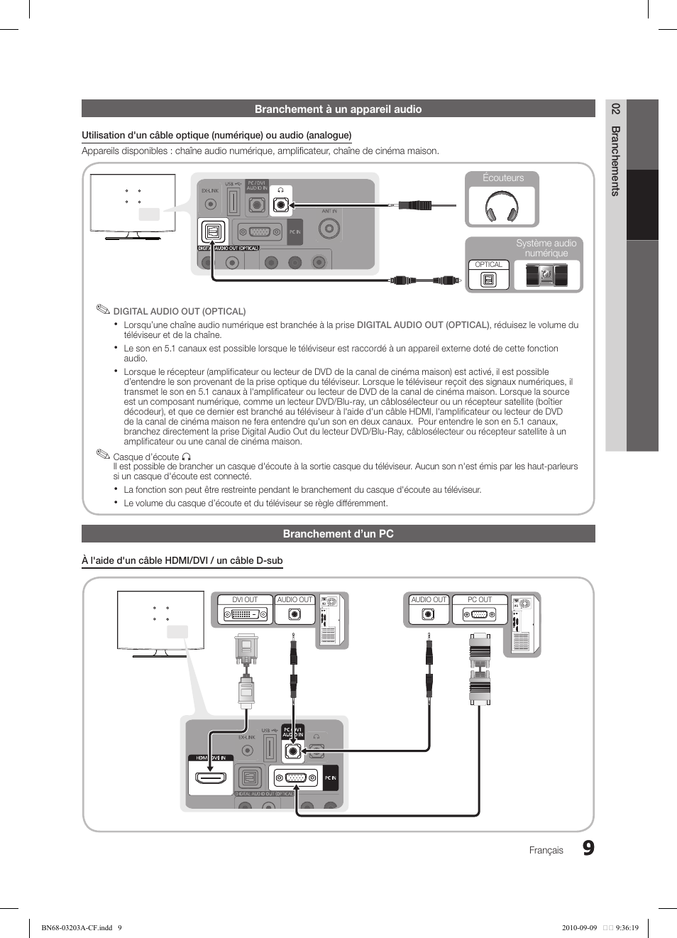 02 branchements branchement à un appareil audio, Branchement d’un pc | Samsung LN22C500B2FXZA User Manual | Page 79 / 105