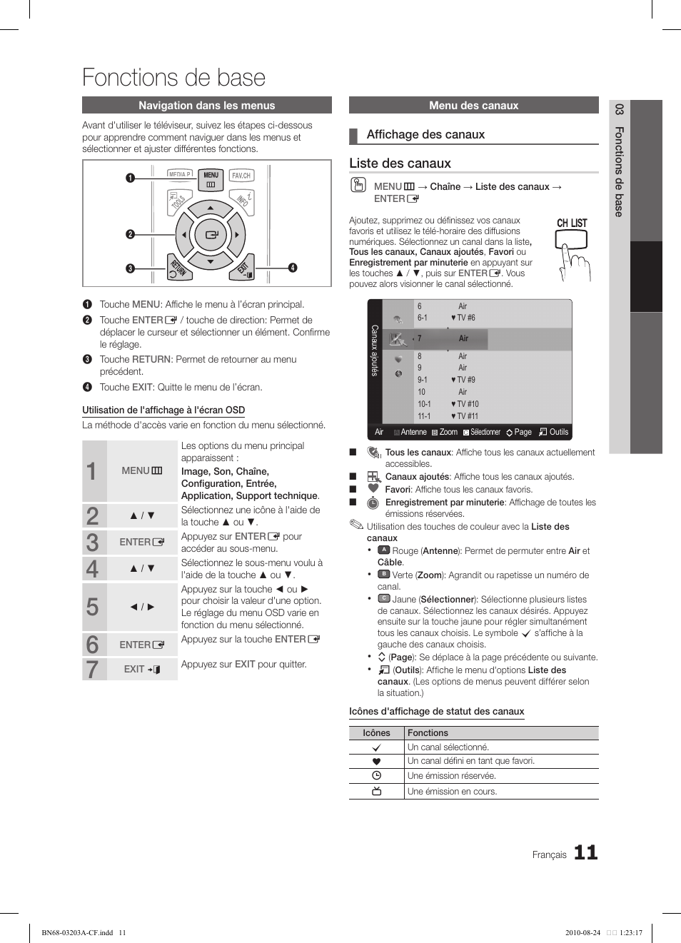 Fonctions de base, Liste des canaux | Samsung LN22C500B2FXZA User Manual | Page 81 / 105