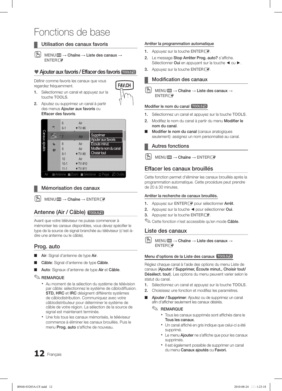 Fonctions de base, Ajouter aux favoris / effacer des favoris, Antenne (air / câble) | Prog. auto, Effacer les canaux brouillés, Liste des canaux | Samsung LN22C500B2FXZA User Manual | Page 82 / 105