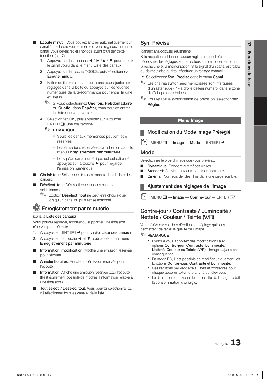 Enregistrement par minuterie, Syn. précise, Mode | Samsung LN22C500B2FXZA User Manual | Page 83 / 105