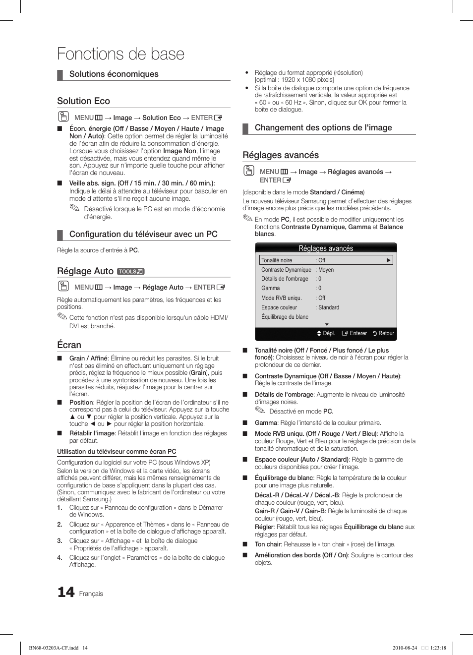 Fonctions de base, Solution eco, Réglage auto | Écran, Réglages avancés | Samsung LN22C500B2FXZA User Manual | Page 84 / 105