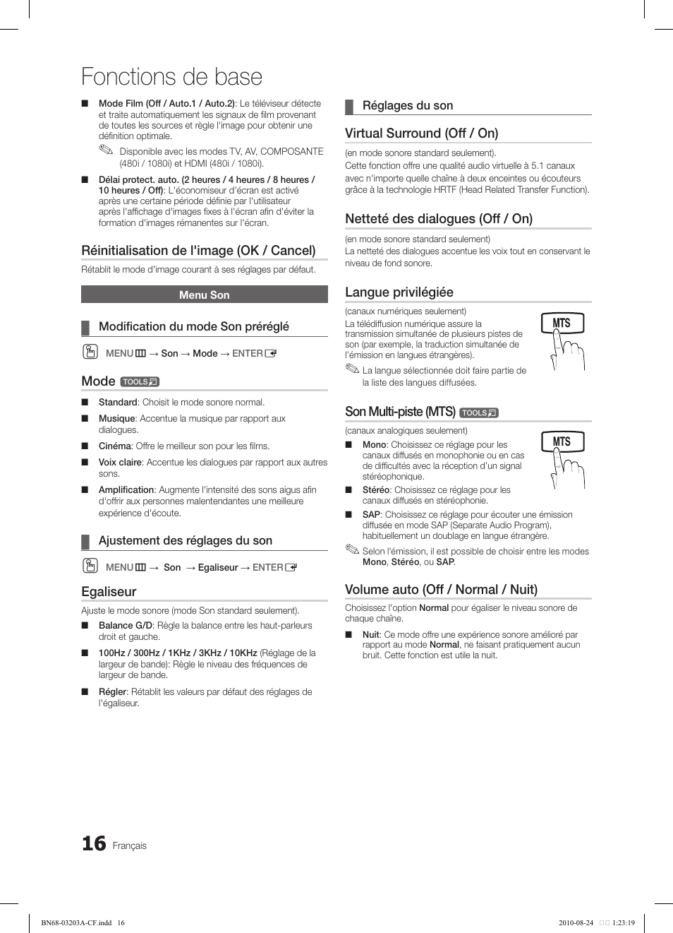 Fonctions de base, Réinitialisation de l'image (ok / cancel), Mode | Egaliseur, Virtual surround (off / on), Netteté des dialogues (off / on), Langue privilégiée, Son multi-piste (mts), Volume auto (off / normal / nuit) | Samsung LN22C500B2FXZA User Manual | Page 86 / 105