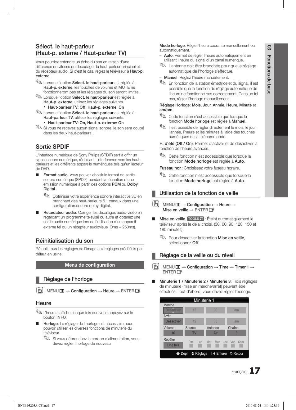 Sortie spdif, Réinitialisation du son, Heure | Samsung LN22C500B2FXZA User Manual | Page 87 / 105