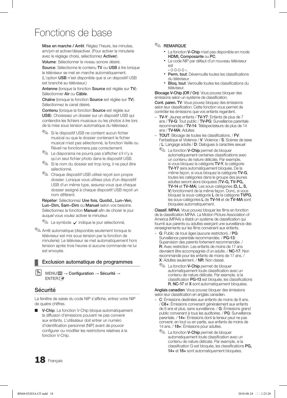 Fonctions de base, Sécurité | Samsung LN22C500B2FXZA User Manual | Page 88 / 105