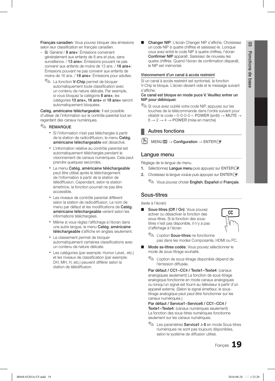 Langue menu, Sous-titres | Samsung LN22C500B2FXZA User Manual | Page 89 / 105