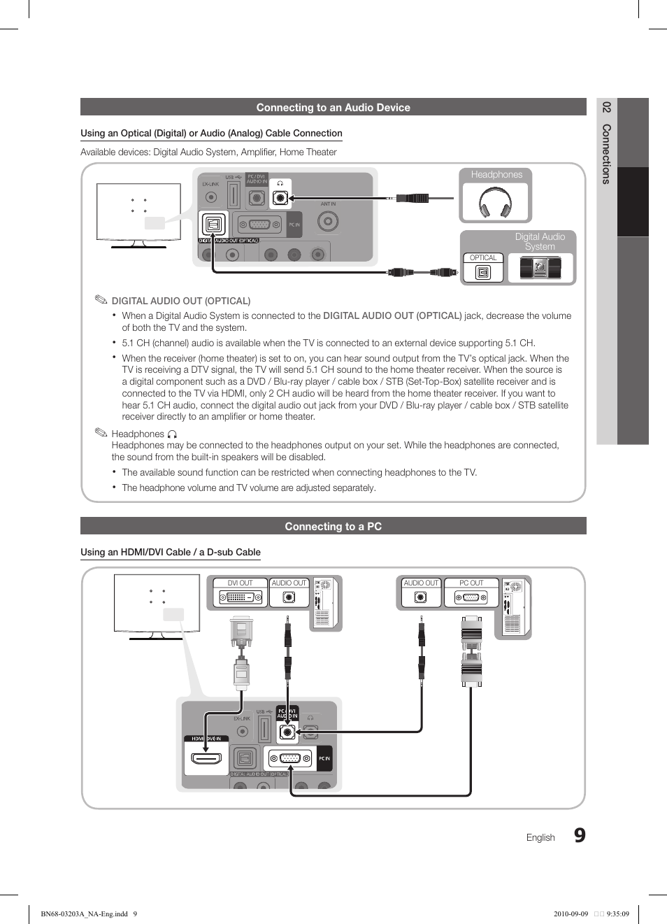 02 connections connecting to an audio device, Connecting to a pc | Samsung LN22C500B2FXZA User Manual | Page 9 / 105