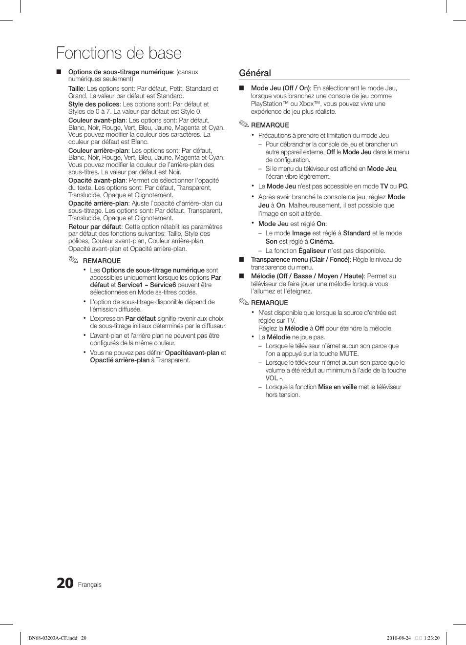 Fonctions de base, Général | Samsung LN22C500B2FXZA User Manual | Page 90 / 105