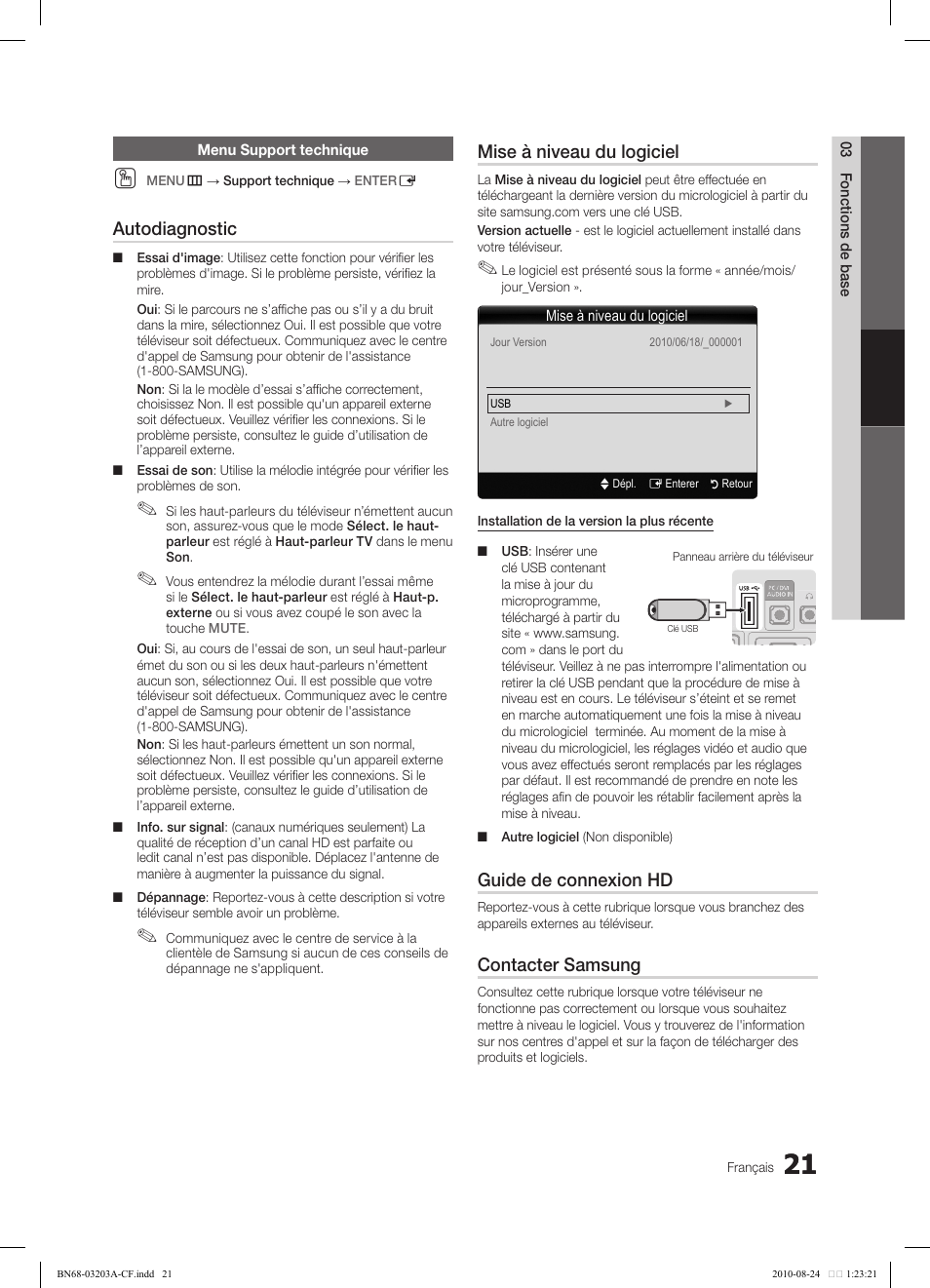 Autodiagnostic, Mise à niveau du logiciel, Guide de connexion hd | Contacter samsung | Samsung LN22C500B2FXZA User Manual | Page 91 / 105