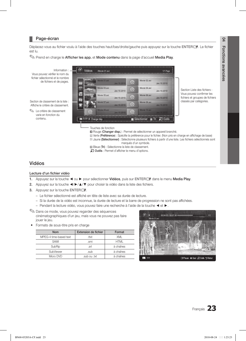 Vidéos, Page-écran | Samsung LN22C500B2FXZA User Manual | Page 93 / 105