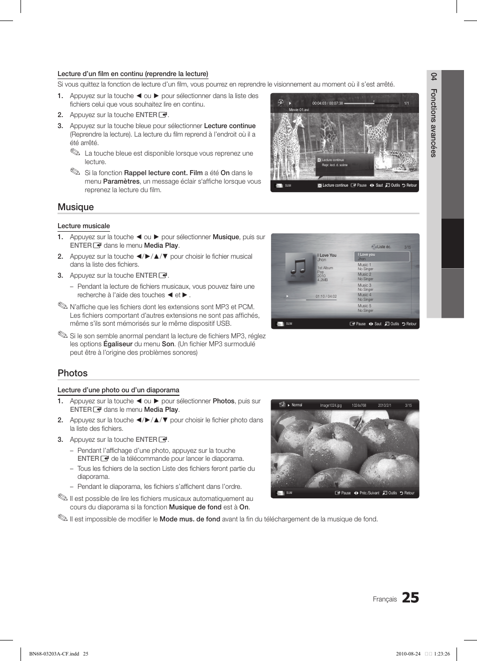 Musique, Photos | Samsung LN22C500B2FXZA User Manual | Page 95 / 105