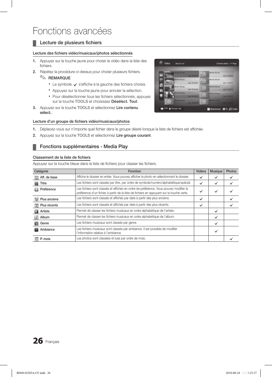 Fonctions avancées, Lecture de plusieurs fichiers, Fonctions supplémentaires - media play | Samsung LN22C500B2FXZA User Manual | Page 96 / 105