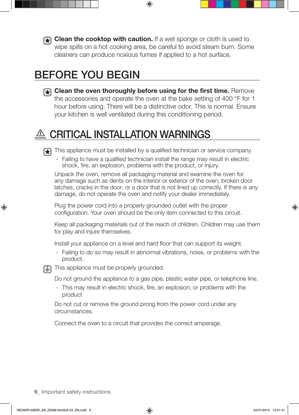 Before you begin, Critical installation warnings | Samsung NE595R1ABSR-AA User Manual | Page 10 / 72