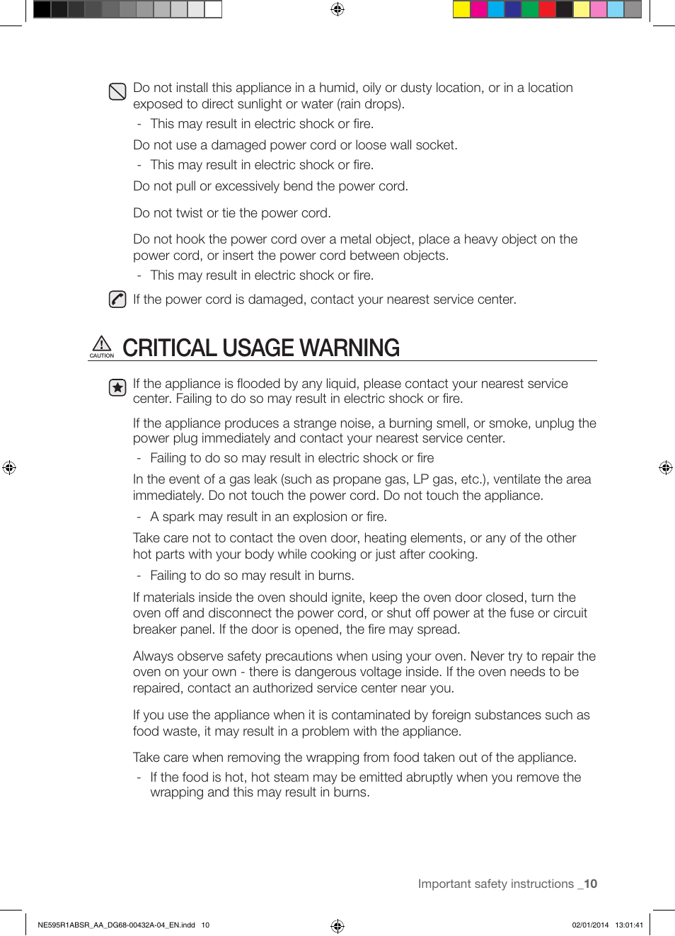 Critical usage warning | Samsung NE595R1ABSR-AA User Manual | Page 11 / 72