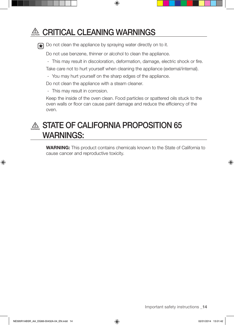 Critical cleaning warnings, State of california proposition 65 warnings | Samsung NE595R1ABSR-AA User Manual | Page 15 / 72