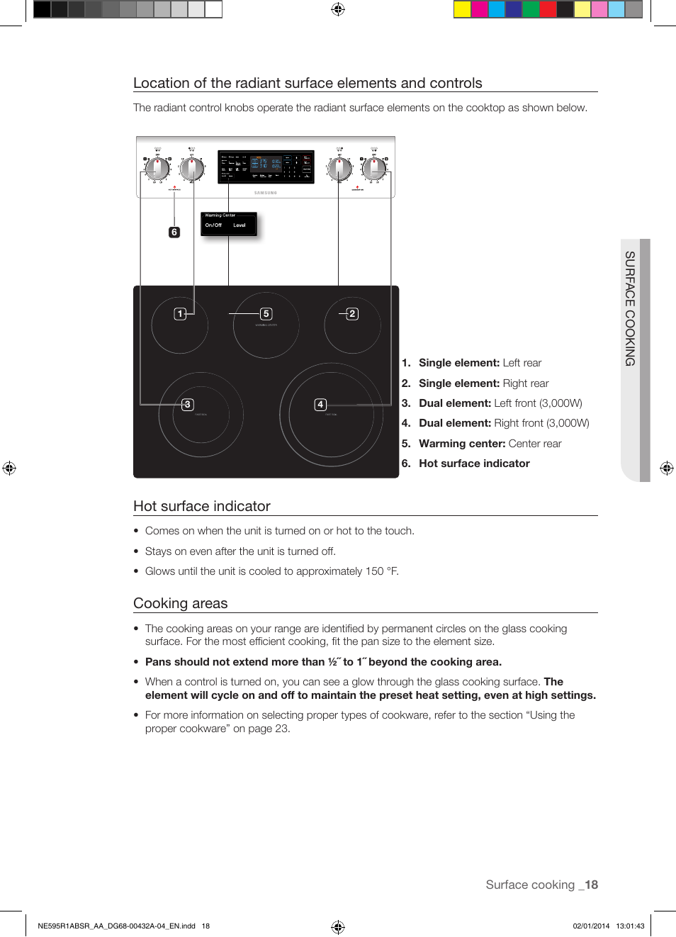 Hot surface indicator, Cooking areas | Samsung NE595R1ABSR-AA User Manual | Page 19 / 72