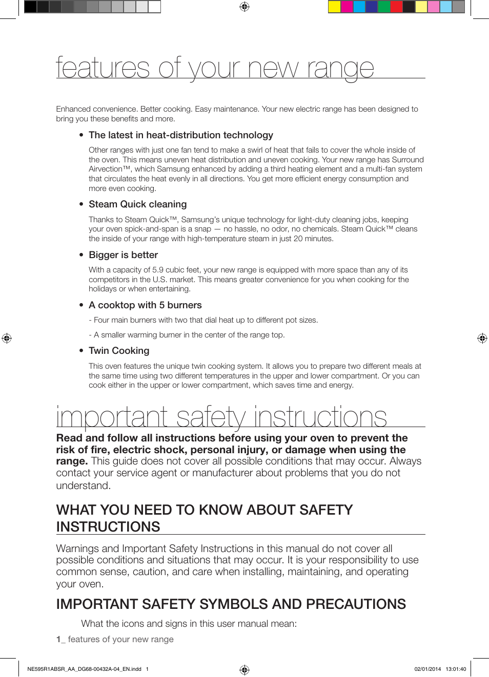 Features of your new range, Important safety instructions, What you need to know about safety instructions | Important safety symbols and precautions | Samsung NE595R1ABSR-AA User Manual | Page 2 / 72