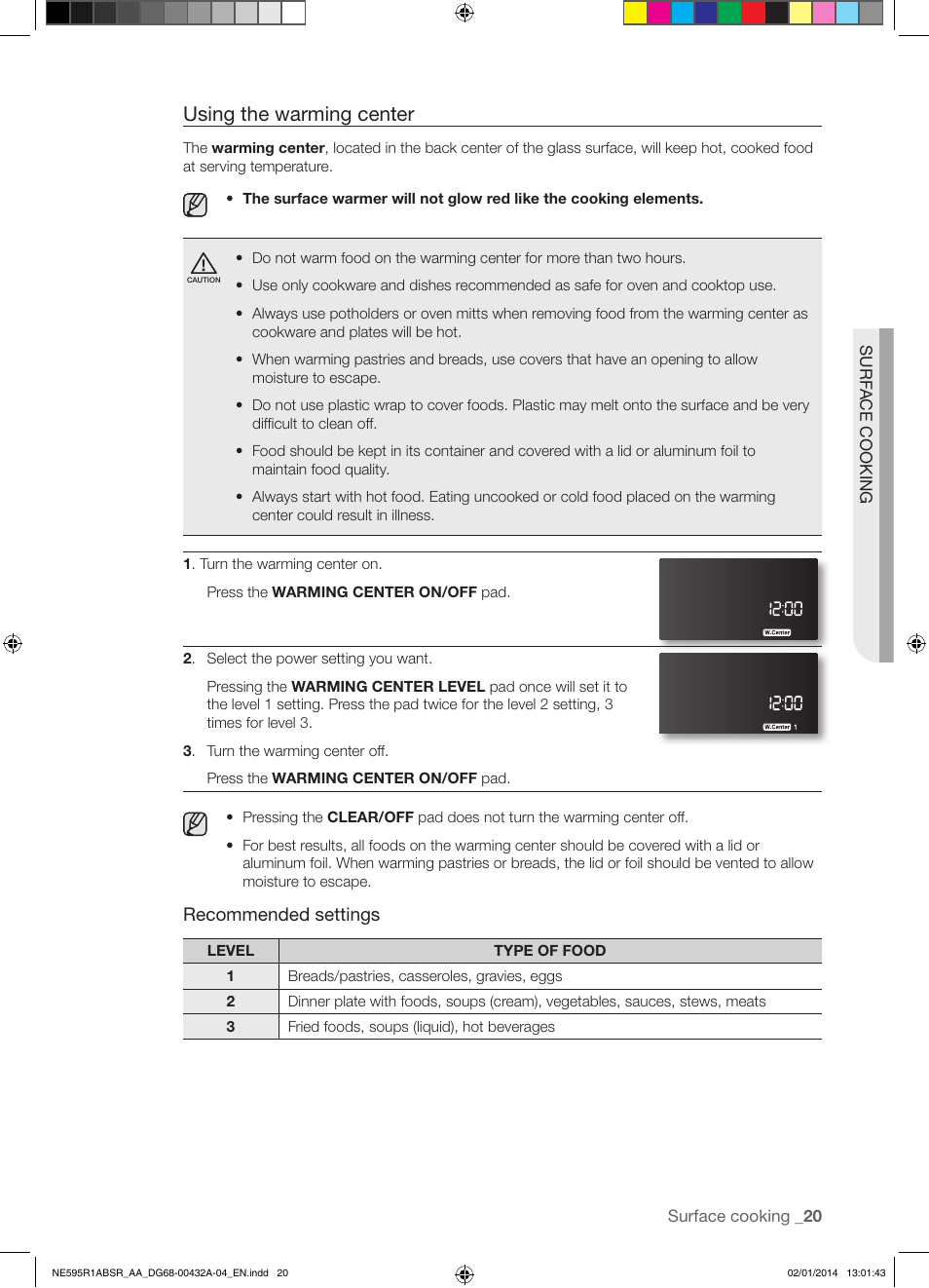 Using the warming center, Recommended settings | Samsung NE595R1ABSR-AA User Manual | Page 21 / 72