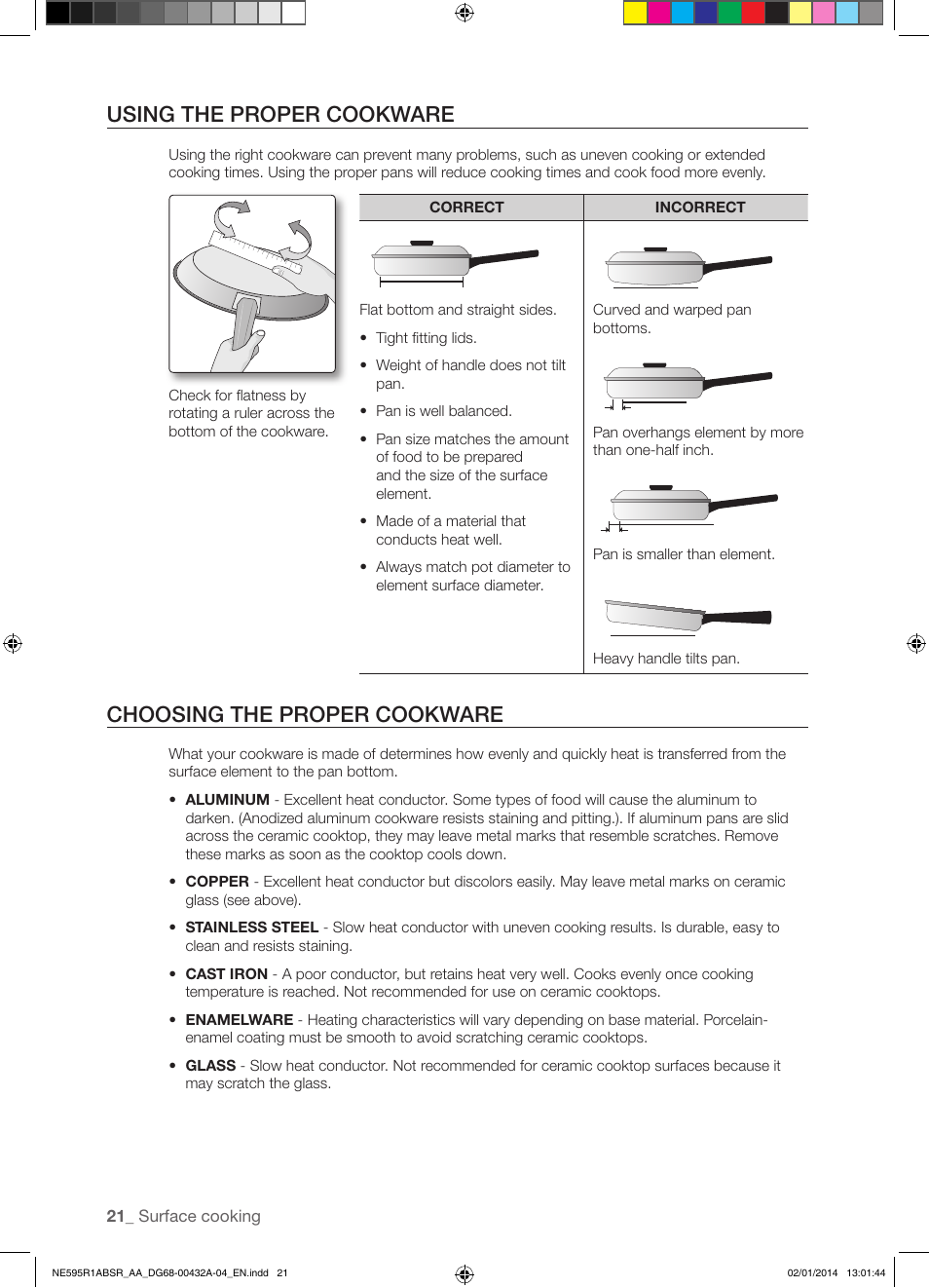 Using the proper cookware, Choosing the proper cookware | Samsung NE595R1ABSR-AA User Manual | Page 22 / 72