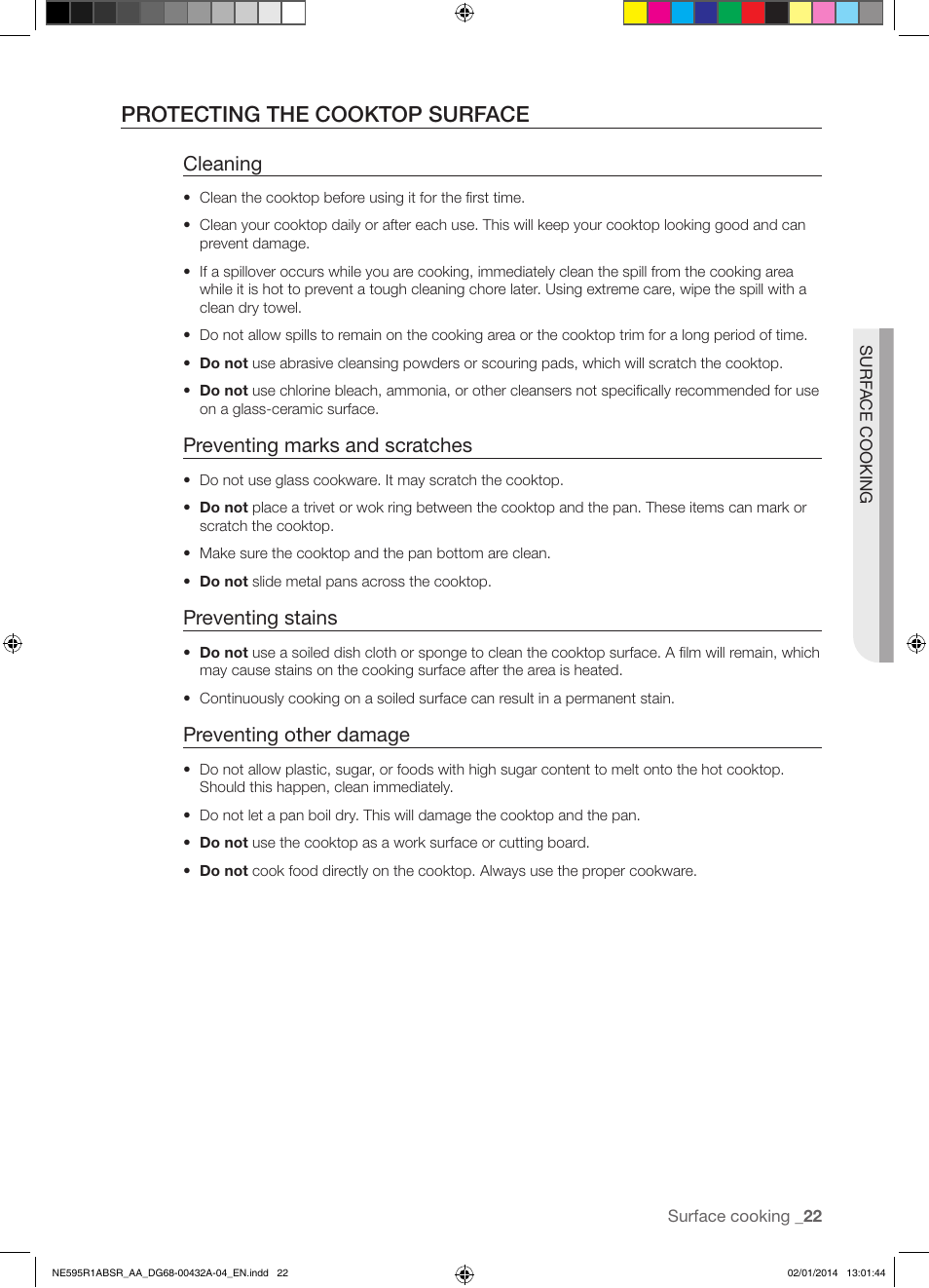 Protecting the cooktop surface, Cleaning, Preventing marks and scratches | Preventing stains, Preventing other damage | Samsung NE595R1ABSR-AA User Manual | Page 23 / 72