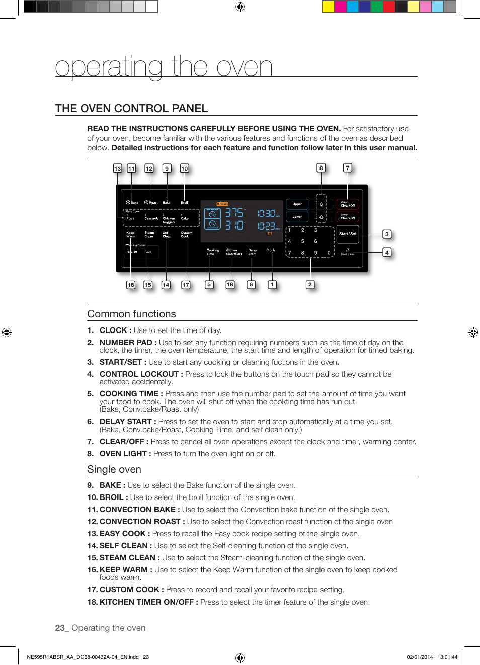 Operating the oven, The oven control panel, Common functions | Single oven | Samsung NE595R1ABSR-AA User Manual | Page 24 / 72