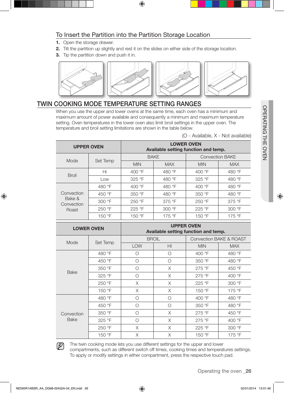 Twin cooking mode temperature setting ranges | Samsung NE595R1ABSR-AA User Manual | Page 27 / 72