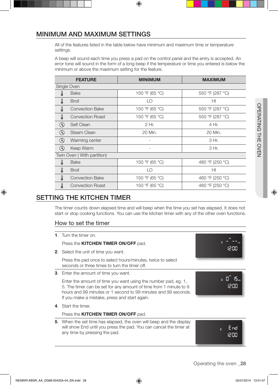 Minimum and maximum settings, Setting the kitchen timer, How to set the timer | Samsung NE595R1ABSR-AA User Manual | Page 29 / 72