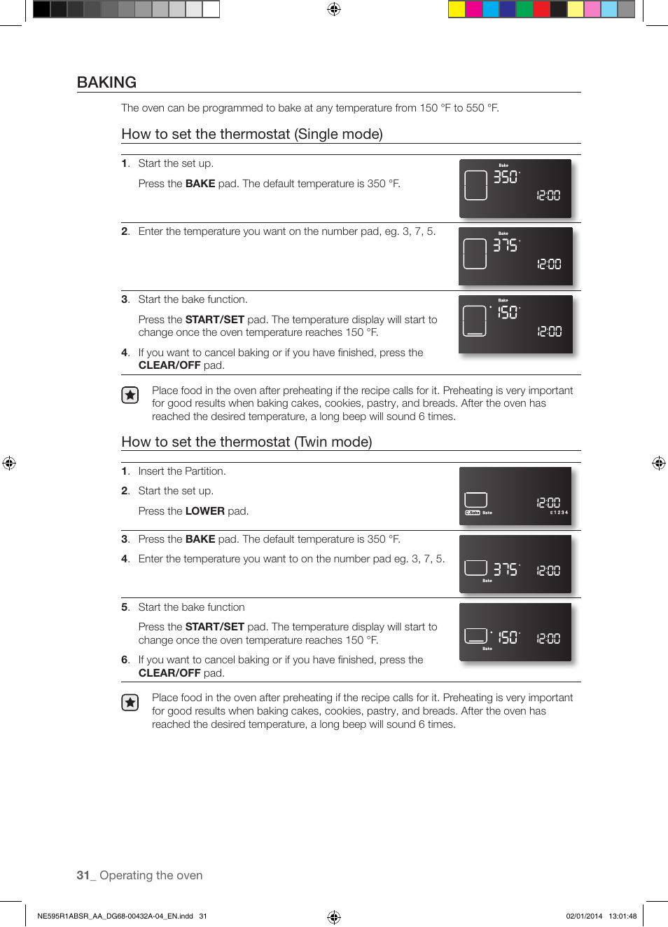 Baking, How to set the thermostat (single mode), How to set the thermostat (twin mode) | Samsung NE595R1ABSR-AA User Manual | Page 32 / 72