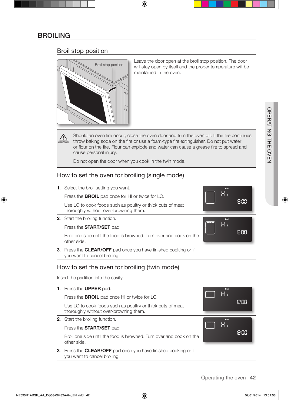 Broiling, Broil stop position, How to set the oven for broiling (single mode) | How to set the oven for broiling (twin mode) | Samsung NE595R1ABSR-AA User Manual | Page 43 / 72