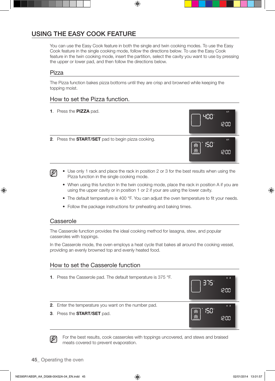 Using the easy cook feature, Pizza, How to set the pizza function | Casserole, How to set the casserole function | Samsung NE595R1ABSR-AA User Manual | Page 46 / 72