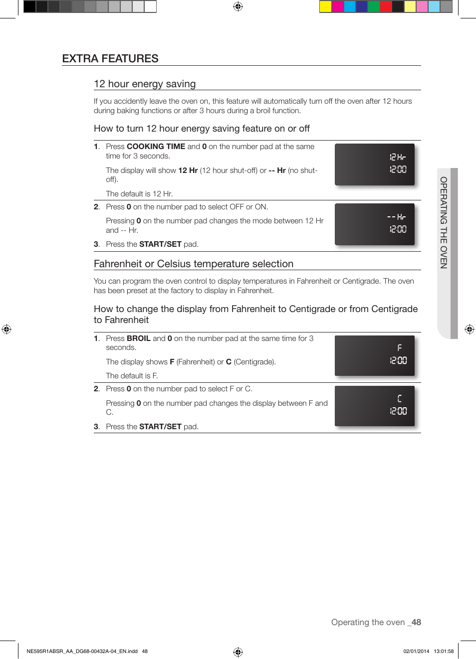 Extra features, 12 hour energy saving, Fahrenheit or celsius temperature selection | Samsung NE595R1ABSR-AA User Manual | Page 49 / 72