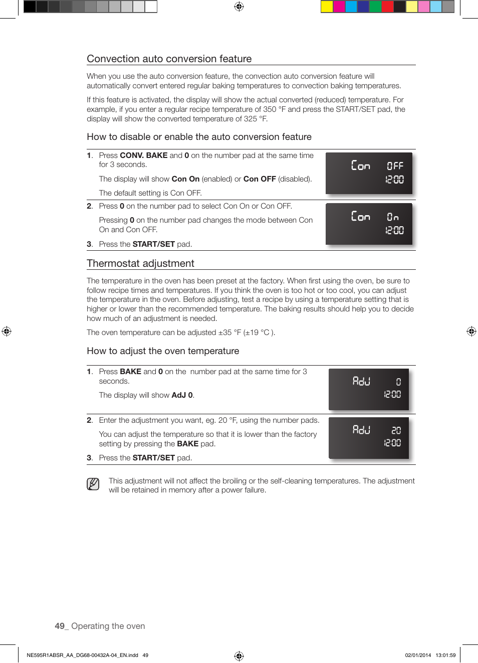 Convection auto conversion feature, Thermostat adjustment, How to adjust the oven temperature | Samsung NE595R1ABSR-AA User Manual | Page 50 / 72