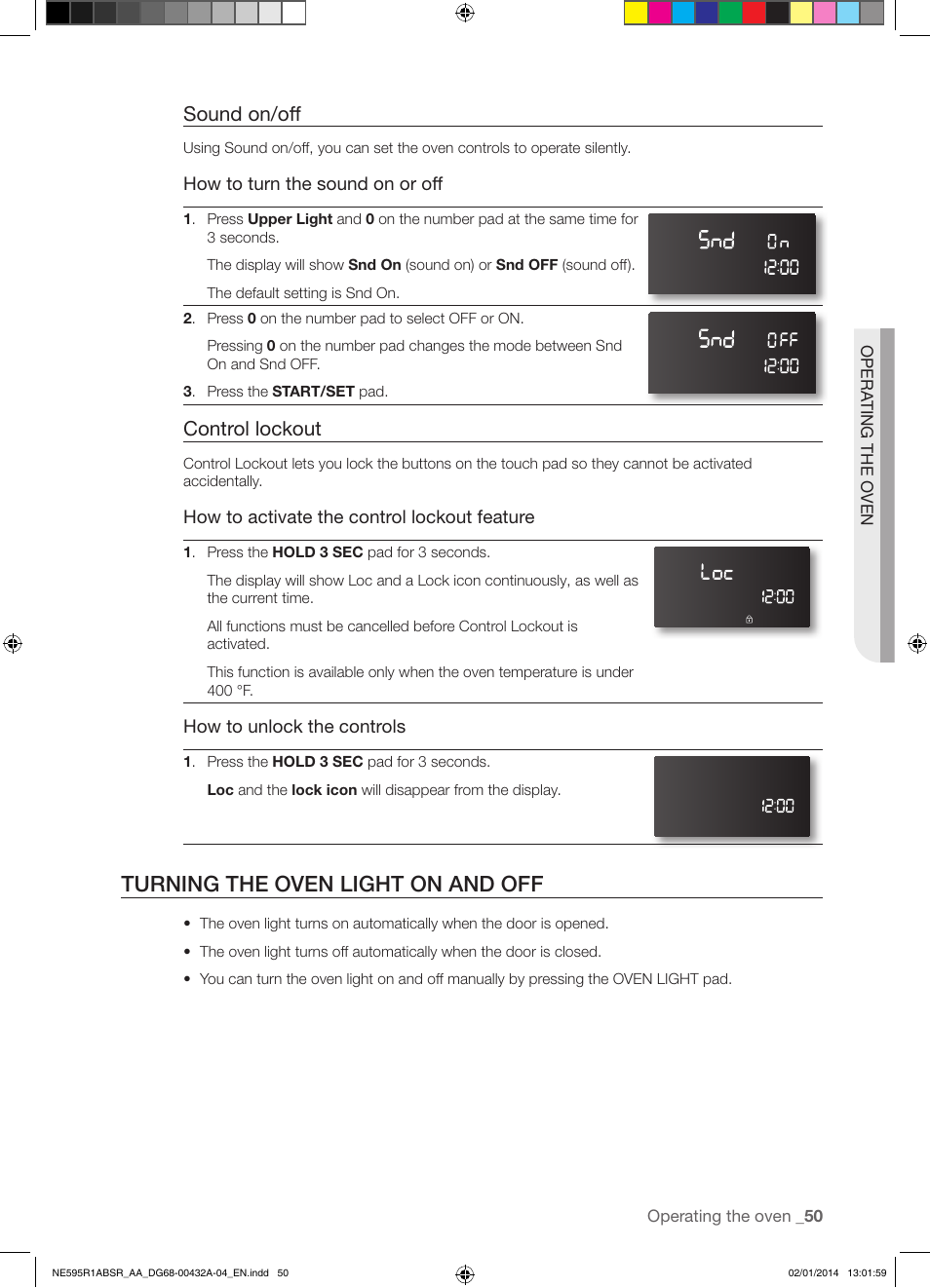 Turning the oven light on and off, Sound on/off, Control lockout | Samsung NE595R1ABSR-AA User Manual | Page 51 / 72