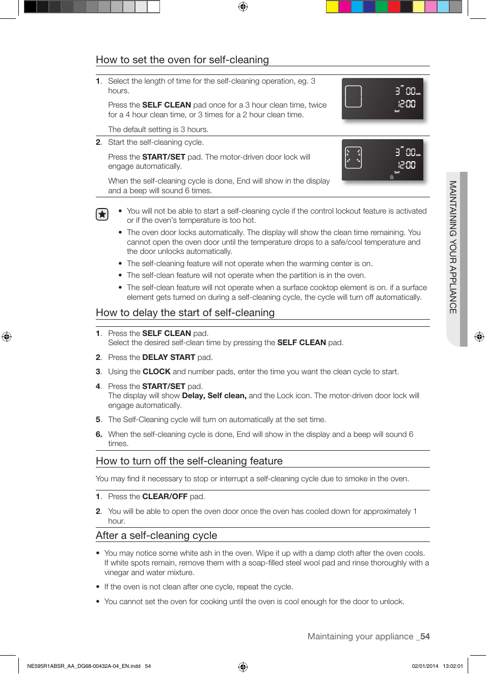 How to set the oven for self-cleaning, How to delay the start of self-cleaning, How to turn off the self-cleaning feature | After a self-cleaning cycle | Samsung NE595R1ABSR-AA User Manual | Page 55 / 72