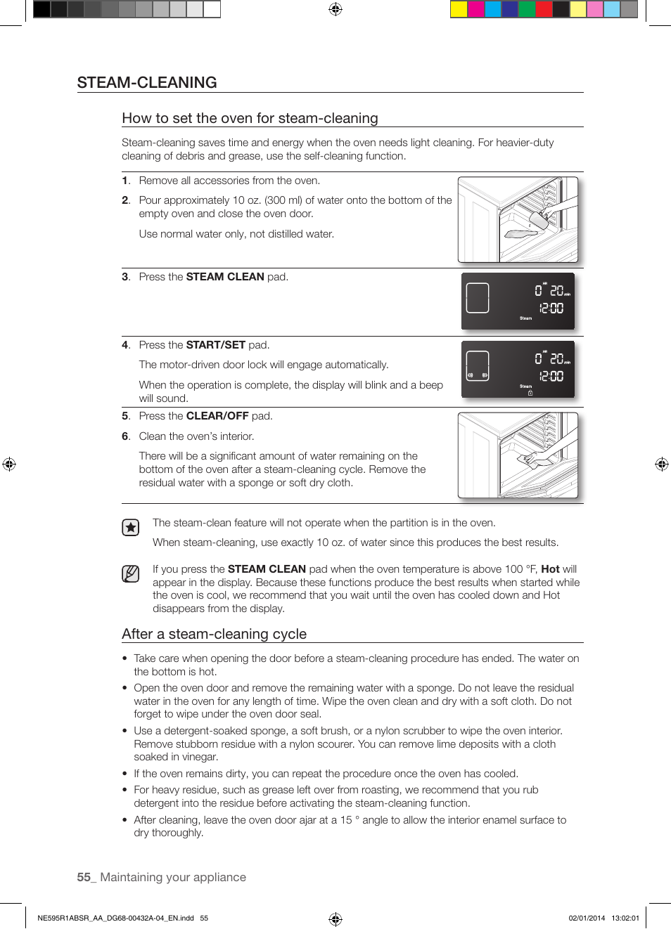Steam-cleaning, How to set the oven for steam-cleaning, After a steam-cleaning cycle | Samsung NE595R1ABSR-AA User Manual | Page 56 / 72