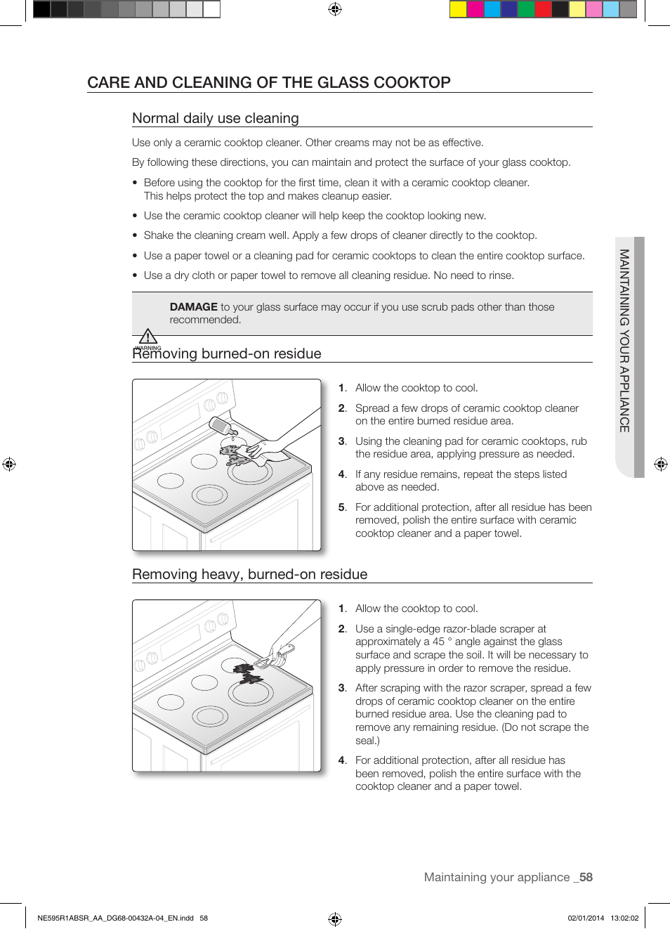 Care and cleaning of the glass cooktop, Normal daily use cleaning, Removing burned-on residue | Removing heavy, burned-on residue | Samsung NE595R1ABSR-AA User Manual | Page 59 / 72