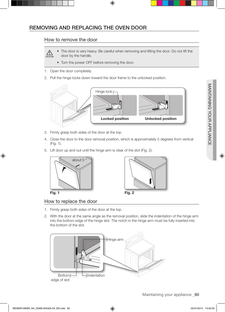 Removing and replacing the oven door, How to remove the door, How to replace the door | Samsung NE595R1ABSR-AA User Manual | Page 61 / 72